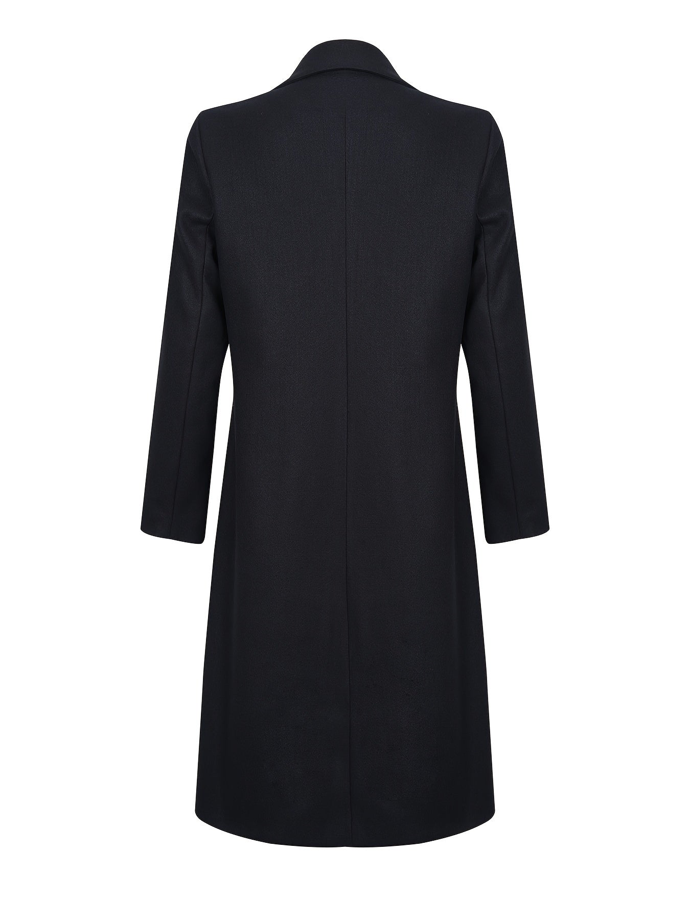 Eleganter schwarzer Mantel für Damen, knielang, klassischer Schnitt, ideal für Herbst und Winter. Hochwertige Mode, zeitloses Design.