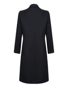 Eleganter schwarzer Mantel für Damen, knielang, klassischer Schnitt, ideal für Herbst und Winter. Hochwertige Mode, zeitloses Design.
