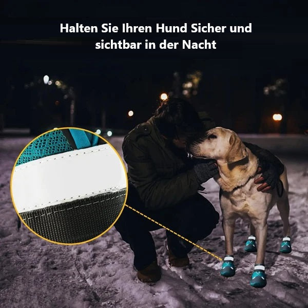 Reflektierende Hundeschuhe für Sicherheit bei Nacht. Schützen Sie Ihren Hund mit leuchtenden, wasserdichten Schuhen. Perfekt für Spaziergänge im Dunkeln.