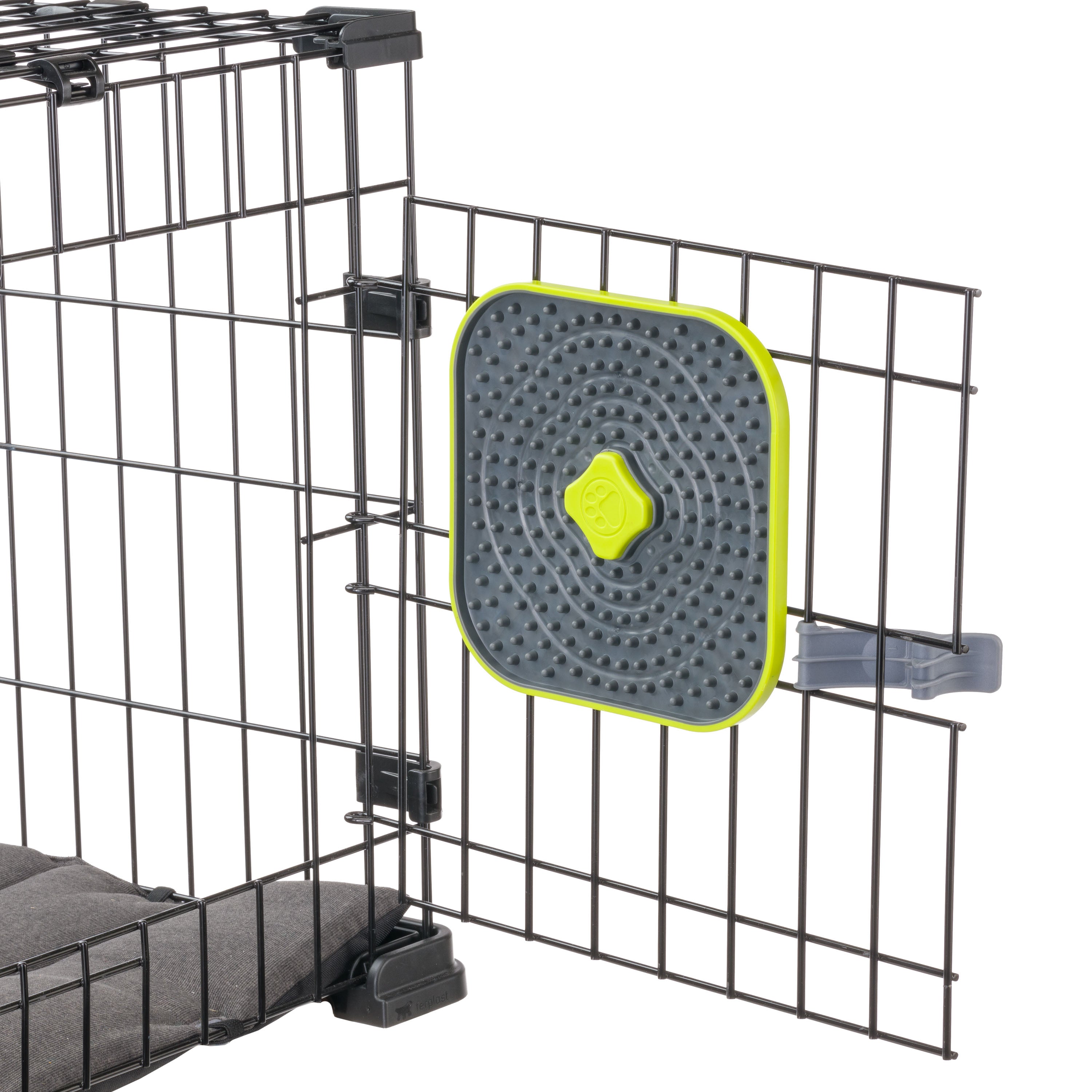 Hundebox mit robustem Metallgitter und grauem, gepolstertem Boden. Ideal für Haustiertransport, Sicherheit und Komfort.