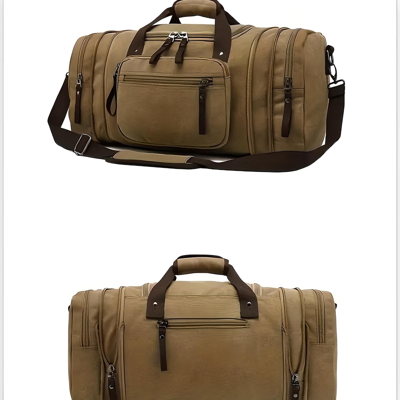 Beige Reisetasche aus Canvas mit braunen Griffen und Schultergurt, ideal für Reisen und Sport.