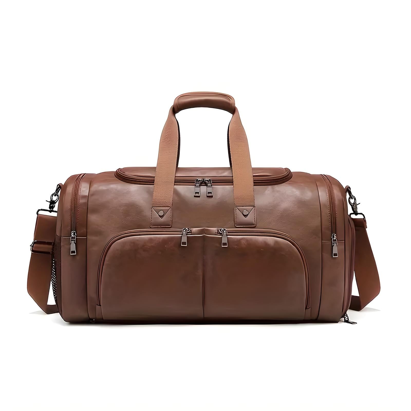 Braune Lederreisetasche mit Schultergurt, geräumig, stilvoll, ideal für Reisen und Wochenendausflüge.