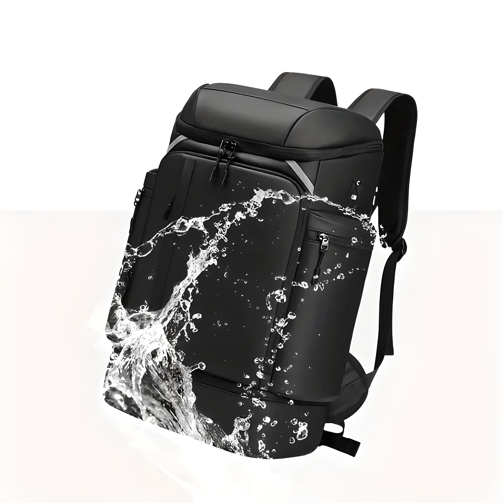Wasserdichter schwarzer Rucksack, spritzwassergeschützt, ideal für Outdoor-Aktivitäten.