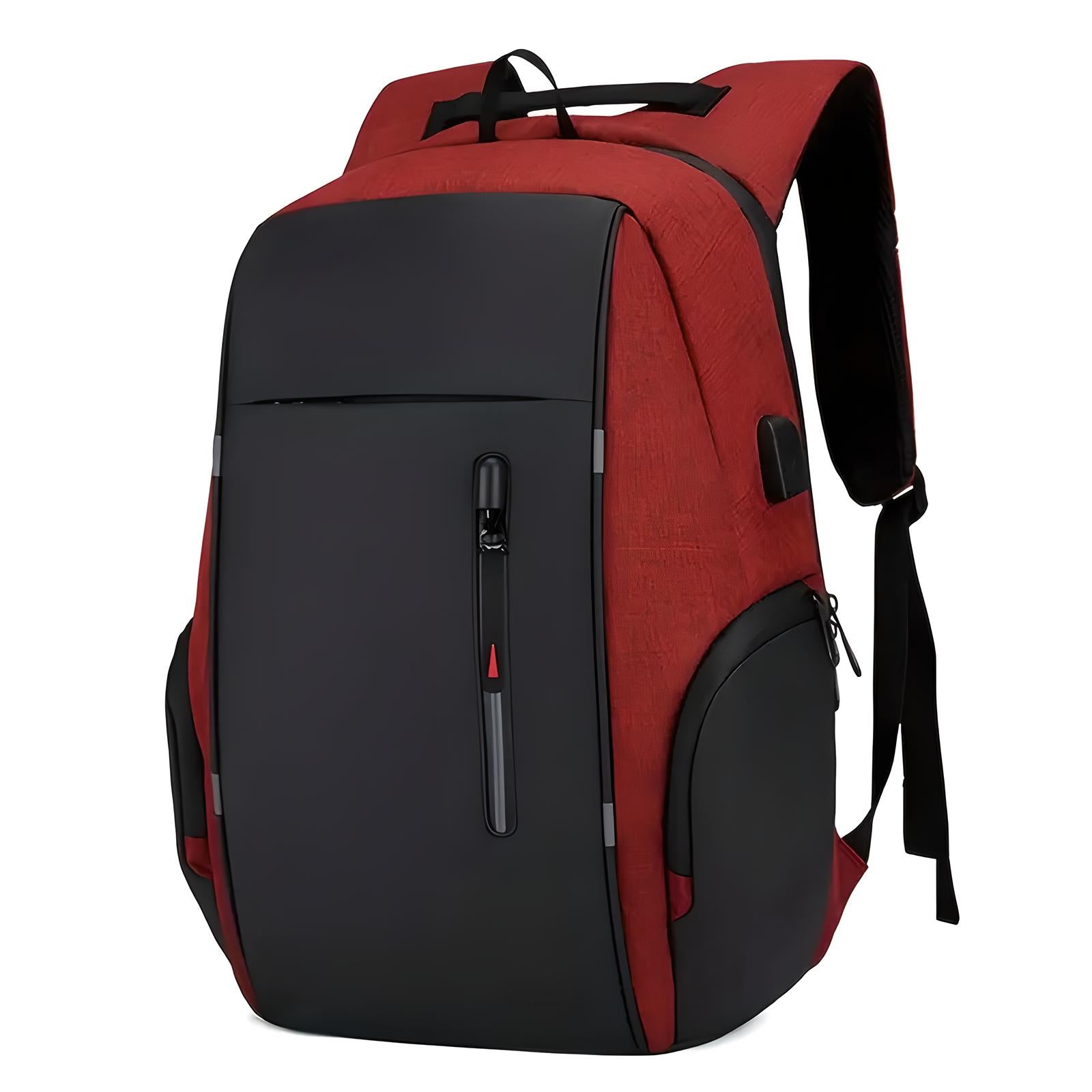 Roter Laptop-Rucksack, wasserdicht, mit USB-Anschluss, ideal für Reisen und Schule.