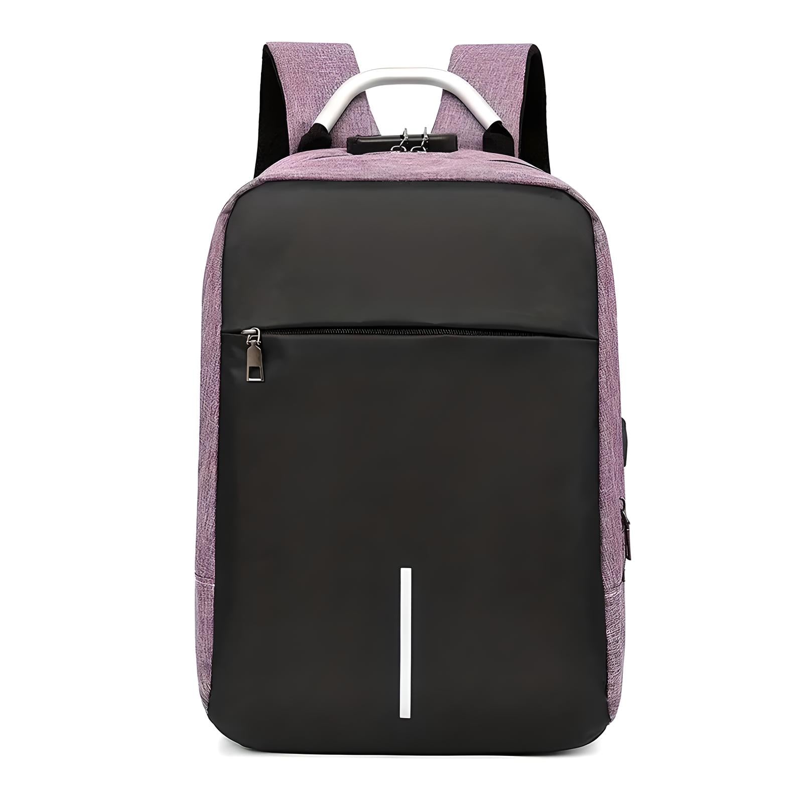 Lila und schwarzer Rucksack, Diebstahlschutz, USB-Anschluss, Laptopfach, stilvoll, wasserdicht.