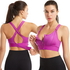 Frau in lila Sport-BH mit Reißverschluss, Fitnessbekleidung, Push-up, Plus-Size, Rückansicht.