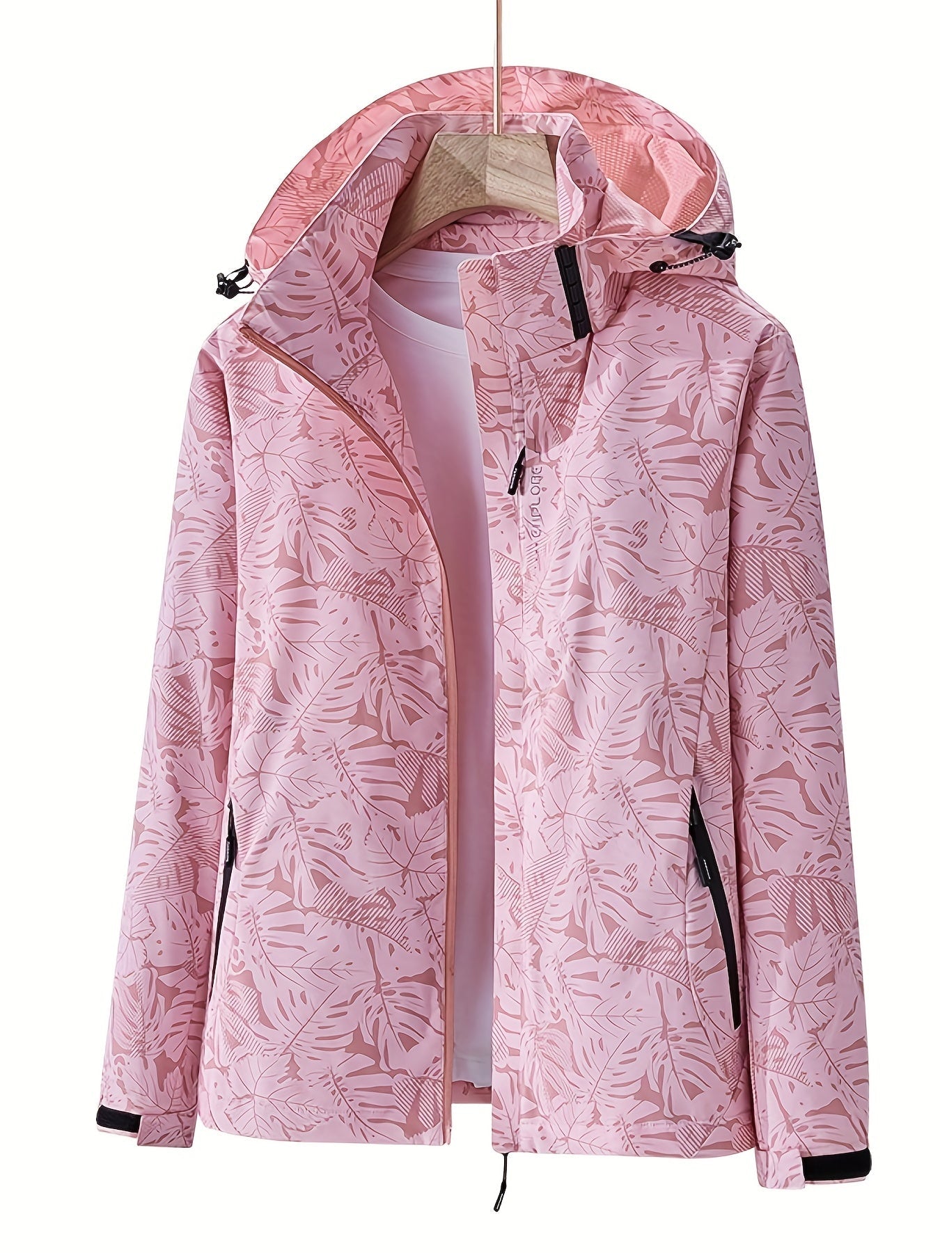 Damen Regenjacke rosa mit Blätterprint, wasserdicht, atmungsaktiv, Kapuze, Outdoor-Bekleidung, ideal für Wandern und Freizeitaktivitäten.