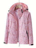 Damen Regenjacke rosa mit Blätterprint, wasserdicht, atmungsaktiv, Kapuze, Outdoor-Bekleidung, ideal für Wandern und Freizeitaktivitäten.