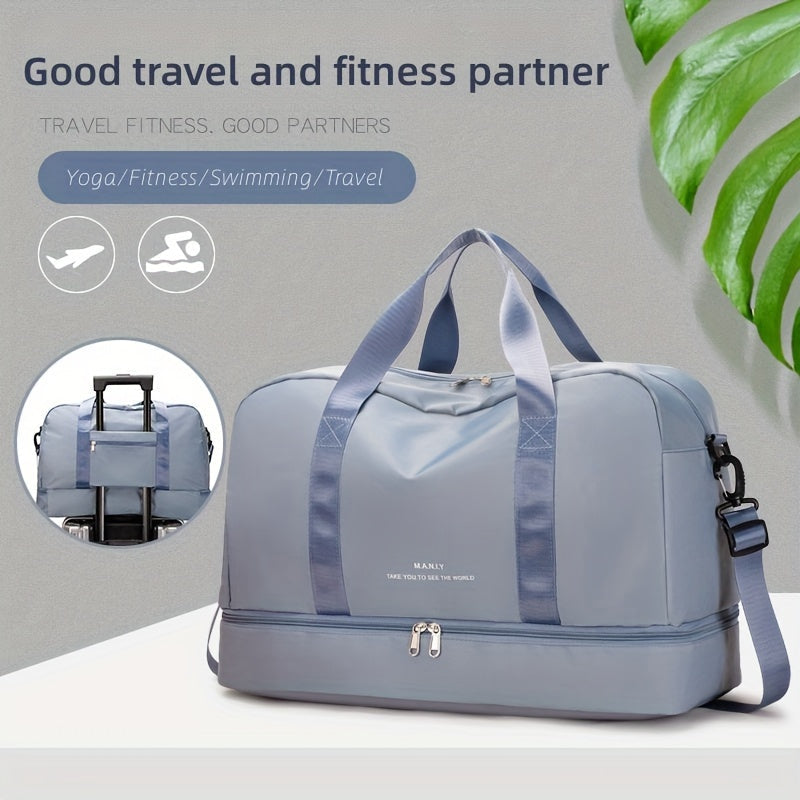 Graue Sporttasche mit Schuhfach, ideal für Yoga, Fitness, Schwimmen und Reisen. Praktisch, stilvoll und vielseitig einsetzbar.