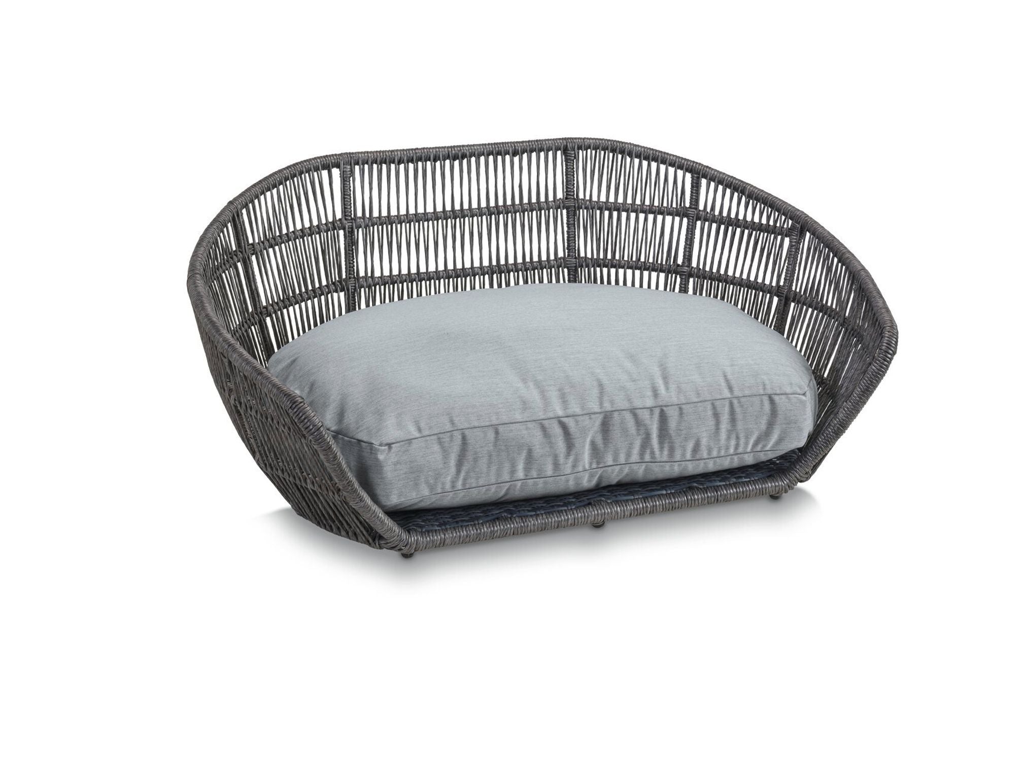 Graues Hundebett aus Rattan mit weichem Kissen, modernes Design, Haustiermöbel, bequem.