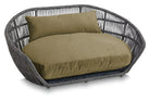 Graues Rattan-Hundebett mit olivgrünem Kissen, modernes Design, Haustiermöbel, bequem.