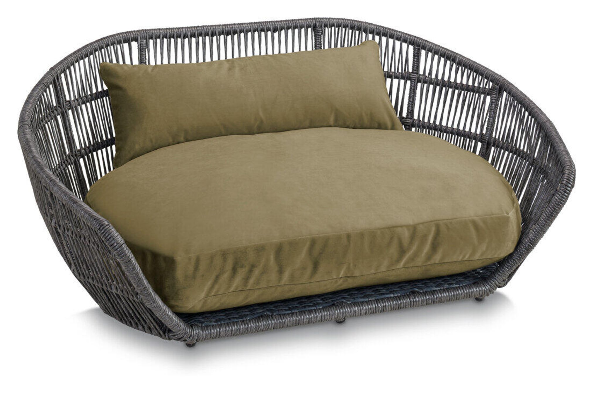 Graues Rattan-Hundebett mit olivgrünem Kissen, modernes Design, Haustiermöbel, bequem.