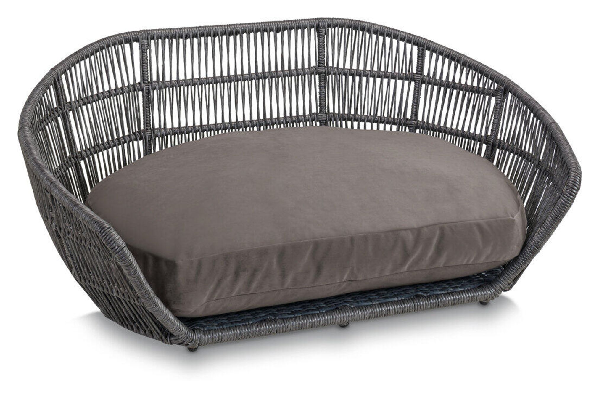 Graues Hundebett aus Rattan mit weichem Kissen, modernes Design, Haustiermöbel.