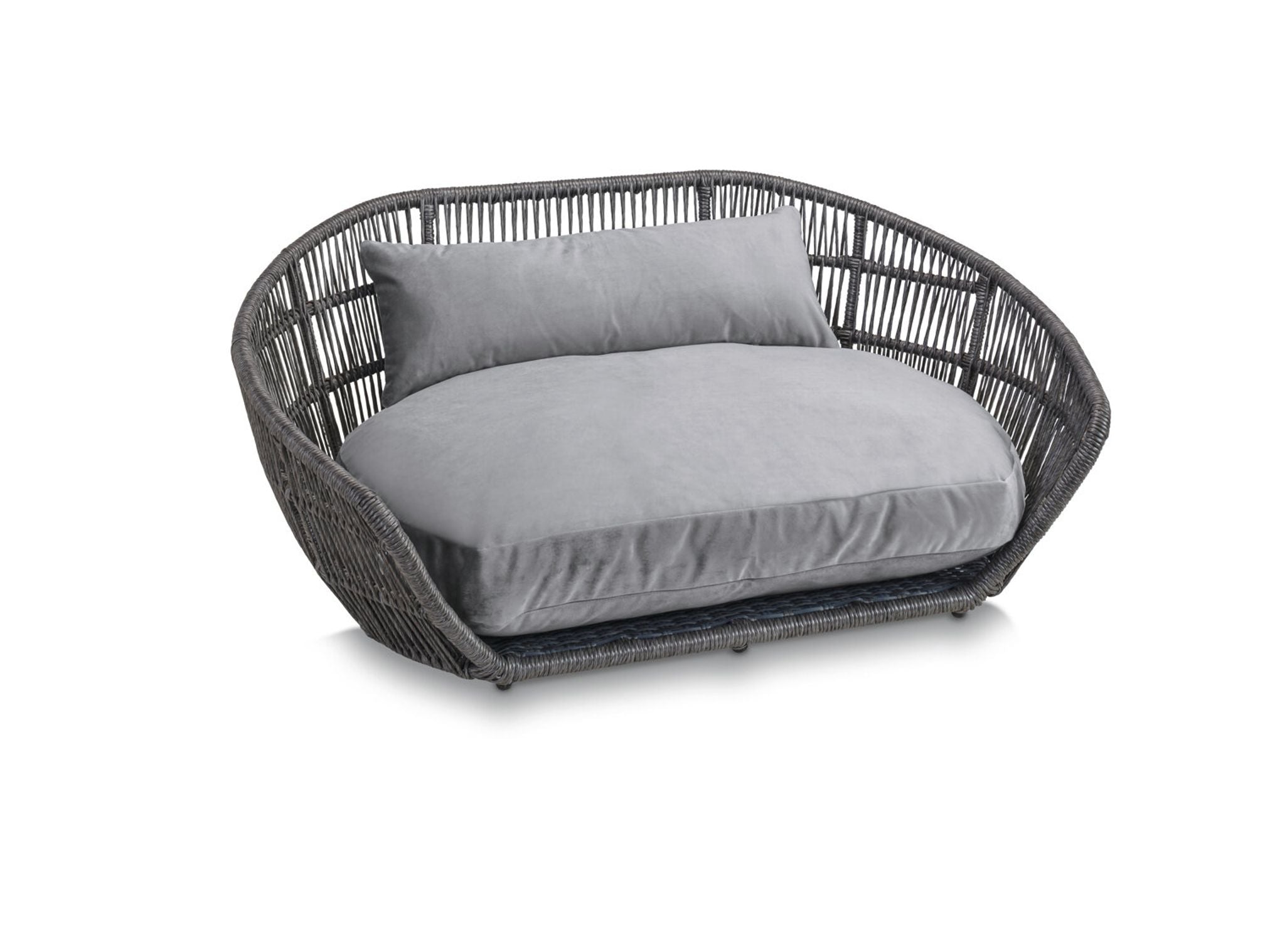 Graues Outdoor-Sofa aus Rattan mit Kissen, modernes Design, Gartenmöbel, wetterfest.