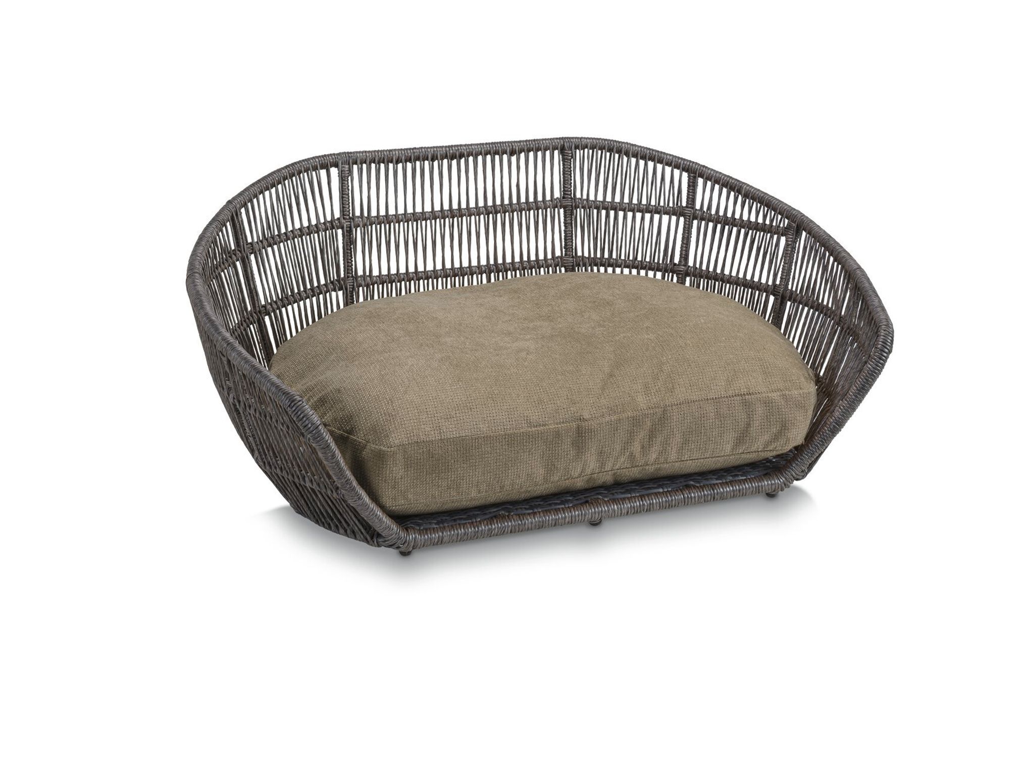 Graues Hundebett aus Rattan mit beigem Kissen, modernes Design, Haustiermöbel.