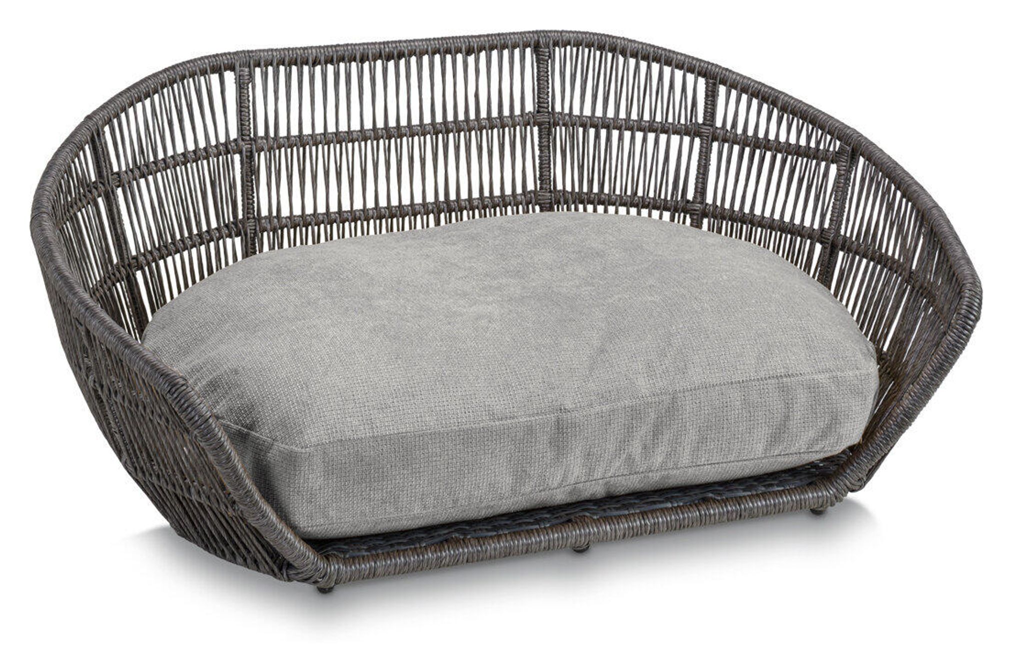 Graues Hundebett aus Rattan mit Kissen, modernes Design, Haustiermöbel, robust und stilvoll.