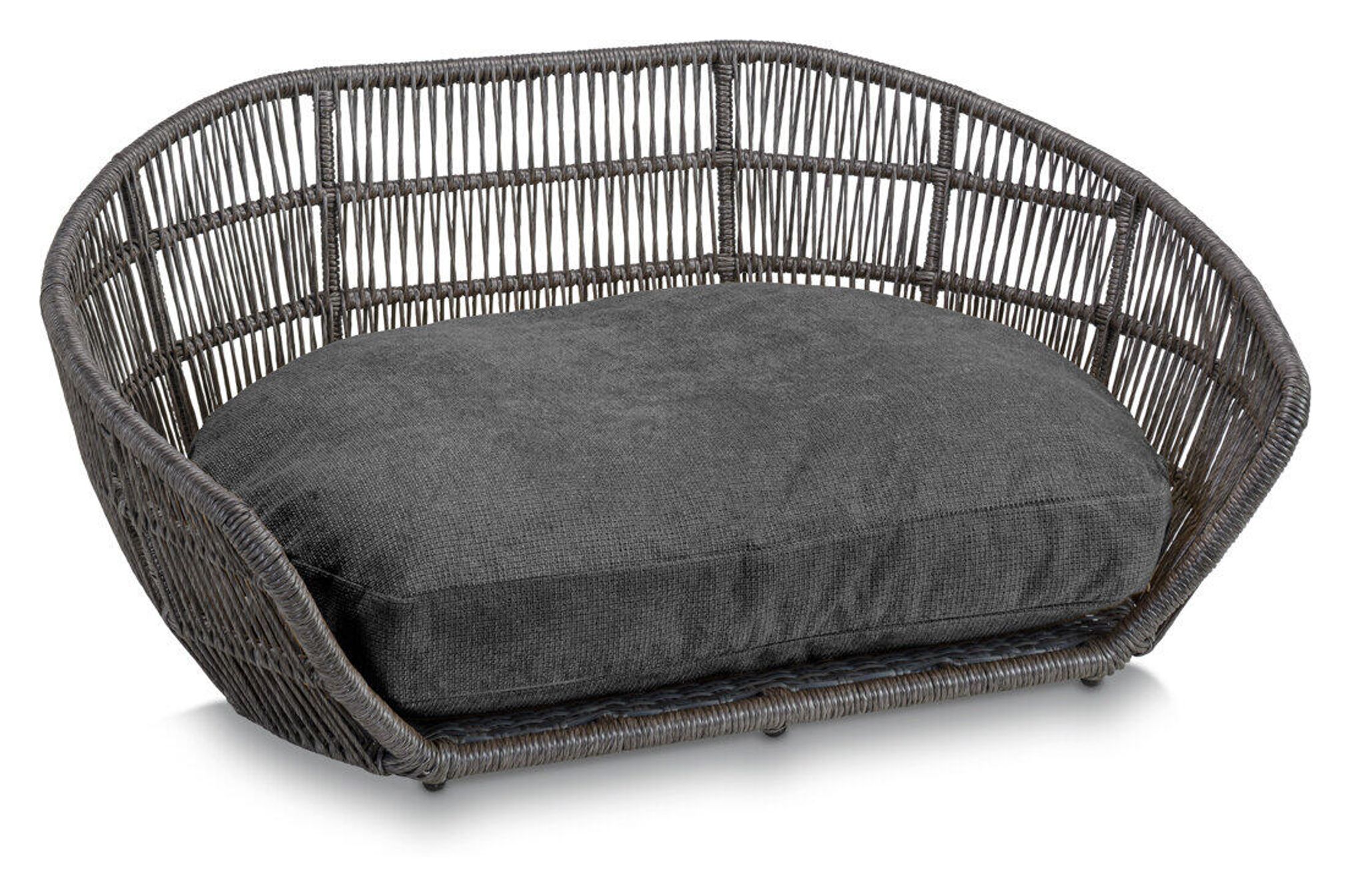 Graues Hundebett aus Rattan mit Kissen, modernes Design, Haustiermöbel, bequem und stilvoll.