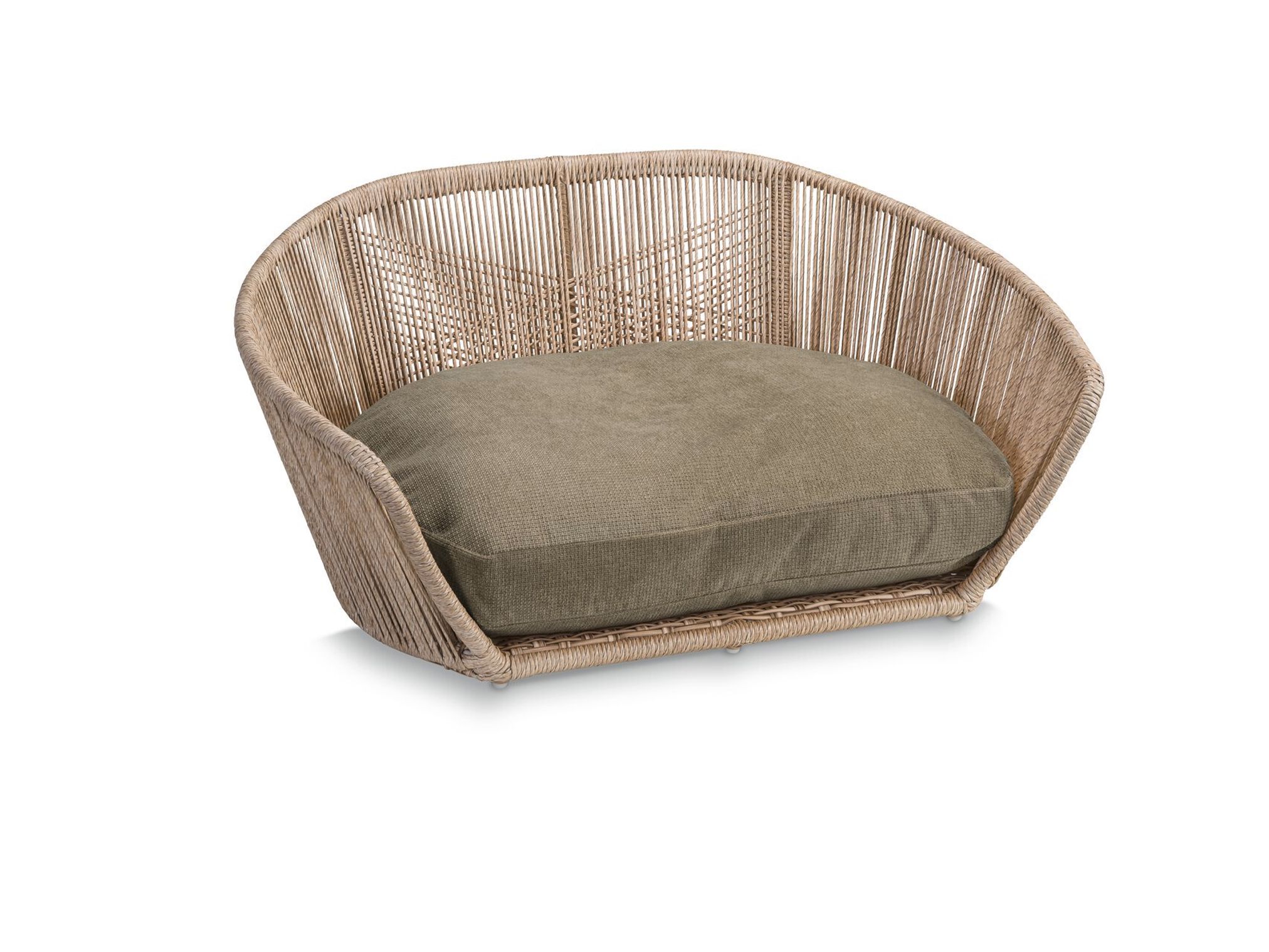 Rattan-Hundebett mit grünem Kissen, modernes Design, Haustiermöbel, langlebig und stilvoll.