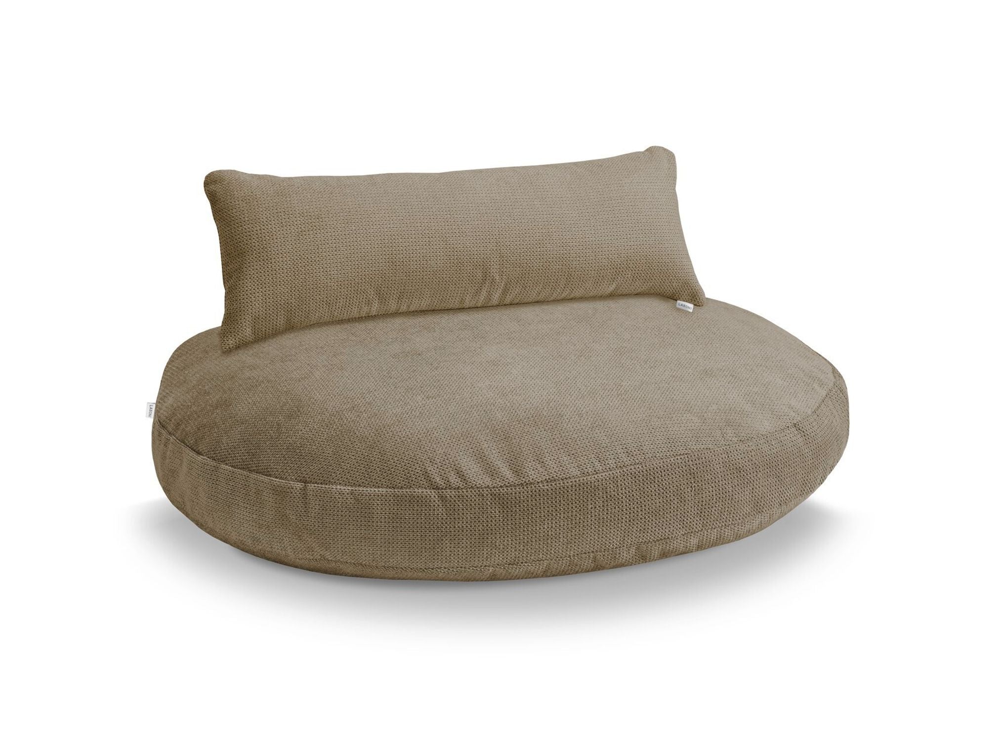 Rundes, beiges Hundebett mit Rückenlehne, aus Stoff, ideal für Haustierkomfort und Entspannung.