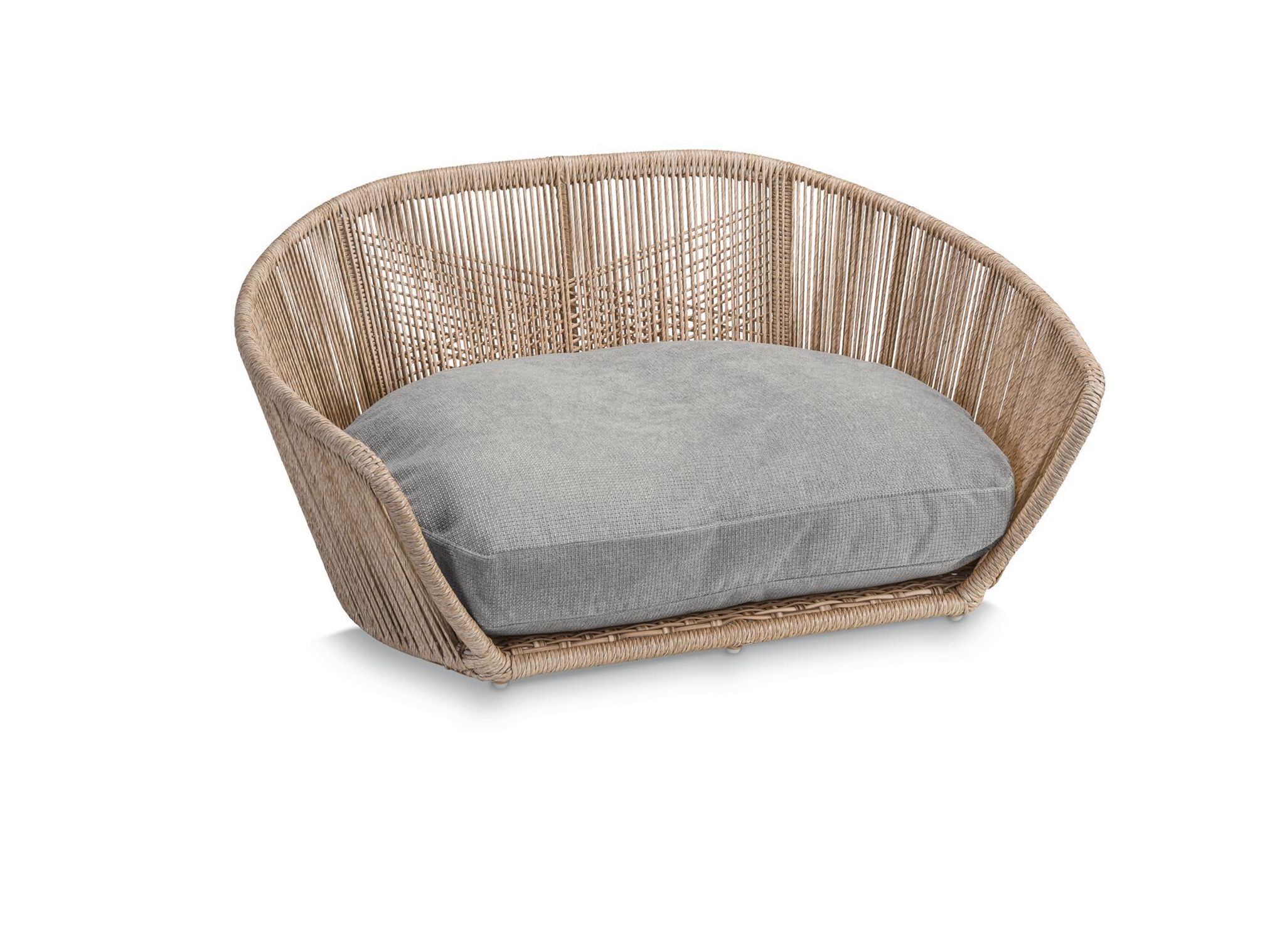 Rattan-Hundebett mit grauem Kissen, modernes Design, Haustiermöbel, gemütlich und stilvoll.