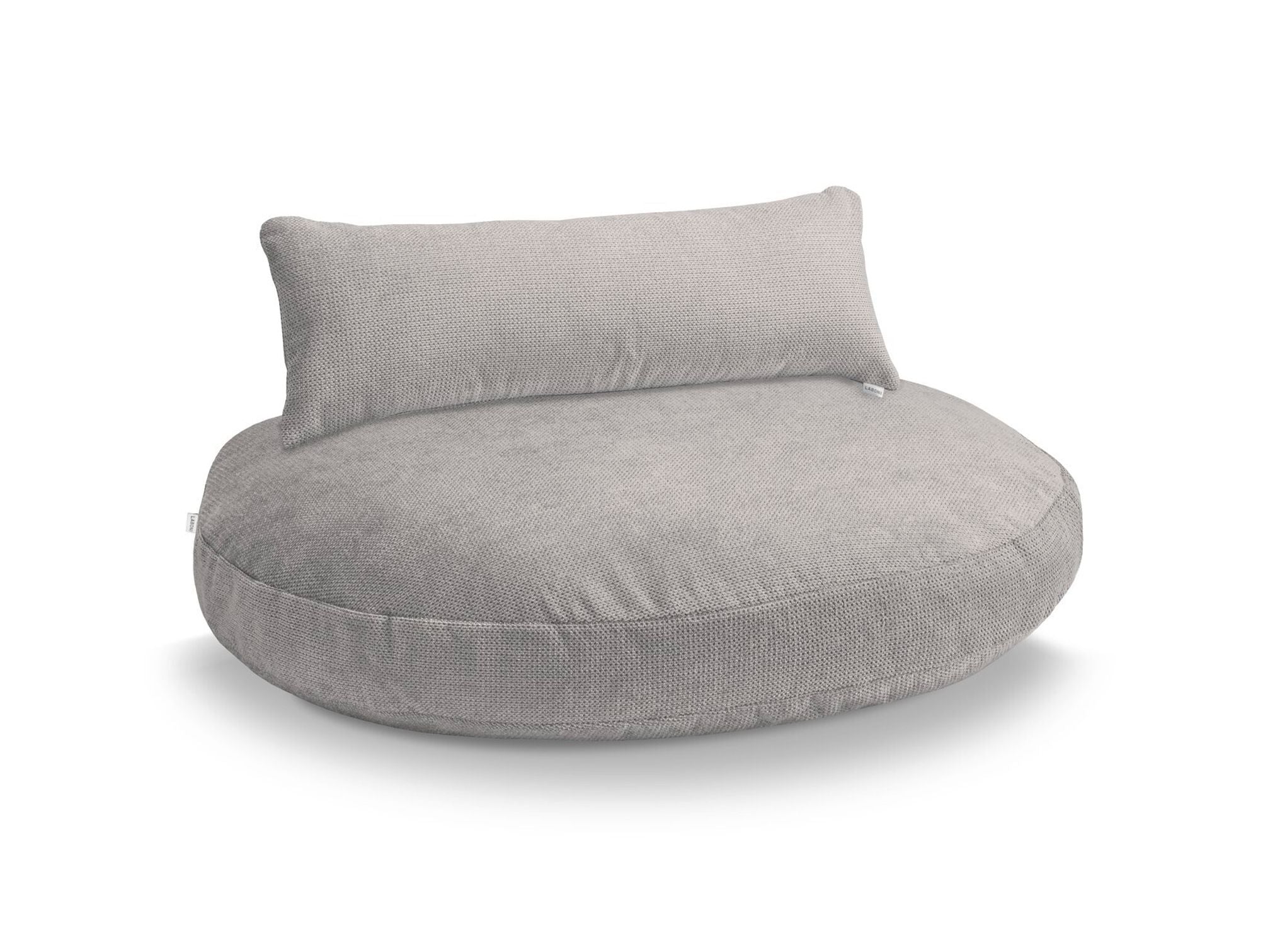 Graues, rundes Sitzkissen mit Rückenlehne, modernes Design, bequemes Polster, Wohnzimmermöbel.
