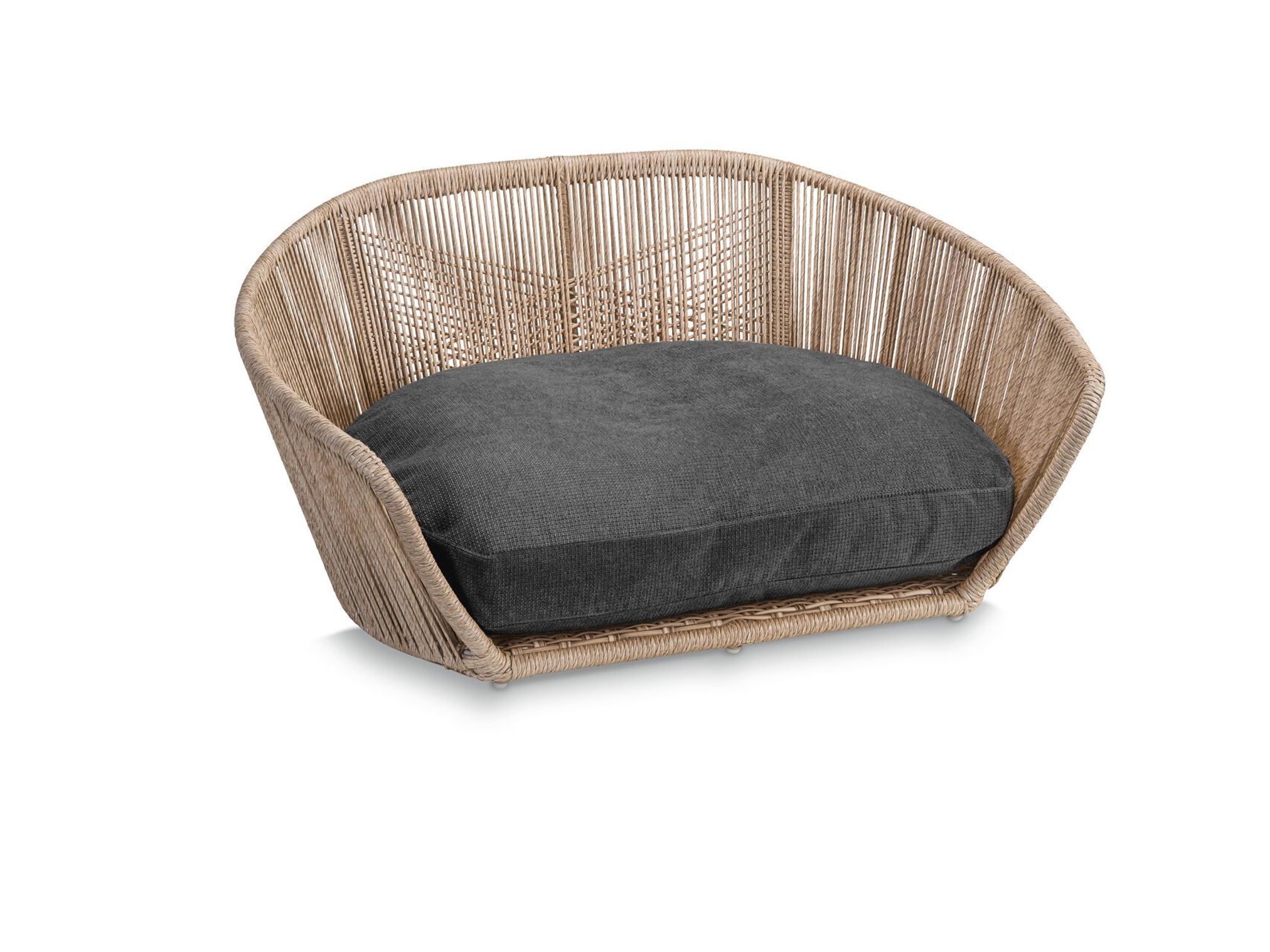 Hundebett aus Rattan mit grauem Kissen, modernes Design, Haustiermöbel, langlebig, stilvoll.