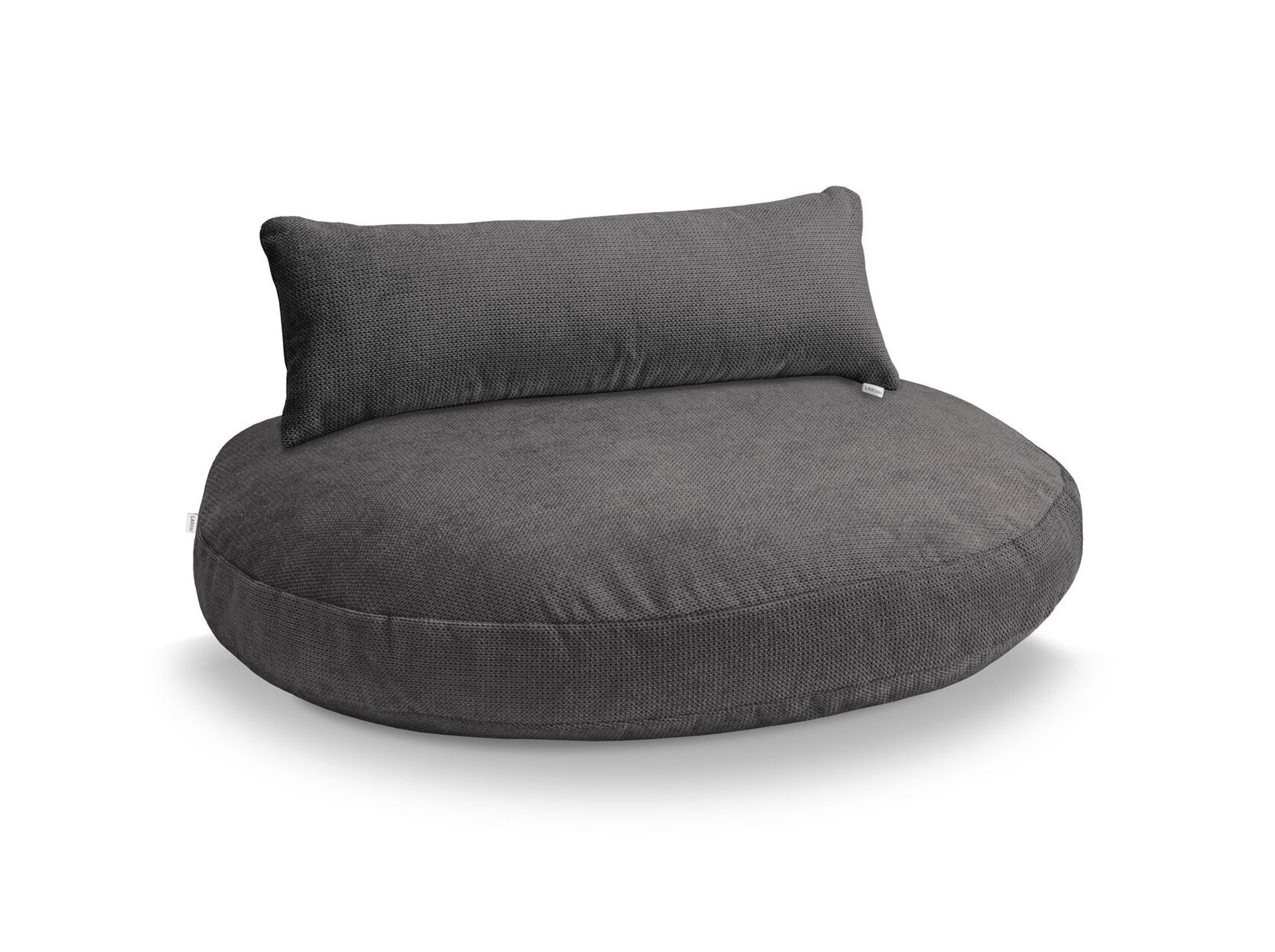 Graues, rundes Sitzkissen mit Rückenlehne, modernes Design, bequemes Wohnzimmermöbel.