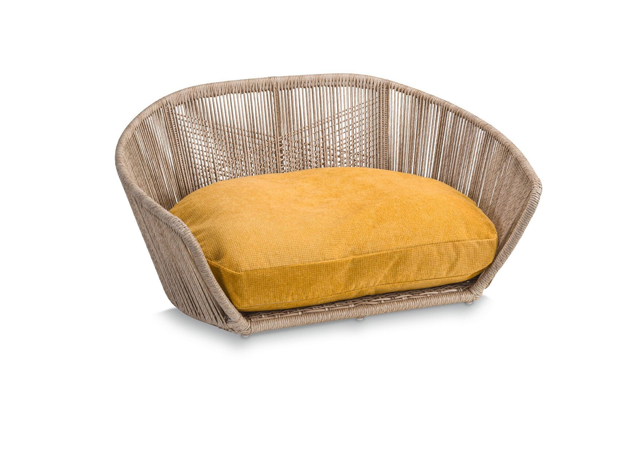 Hundebett aus Rattan mit gelbem Kissen, modernes Design, gemütlich, langlebig, stilvoll.