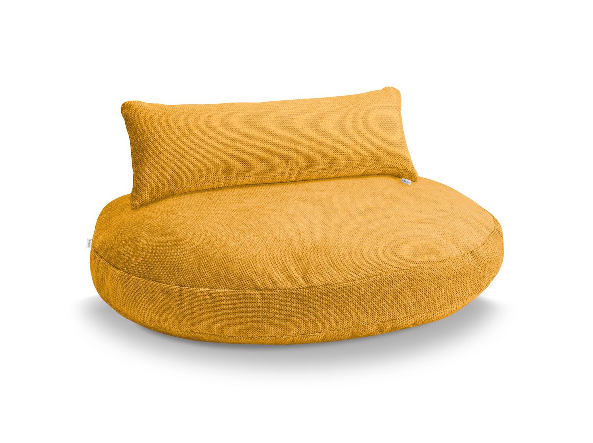 Gelbes, rundes Sitzkissen mit Rückenlehne, modernes Design, Wohnzimmermöbel, bequem.