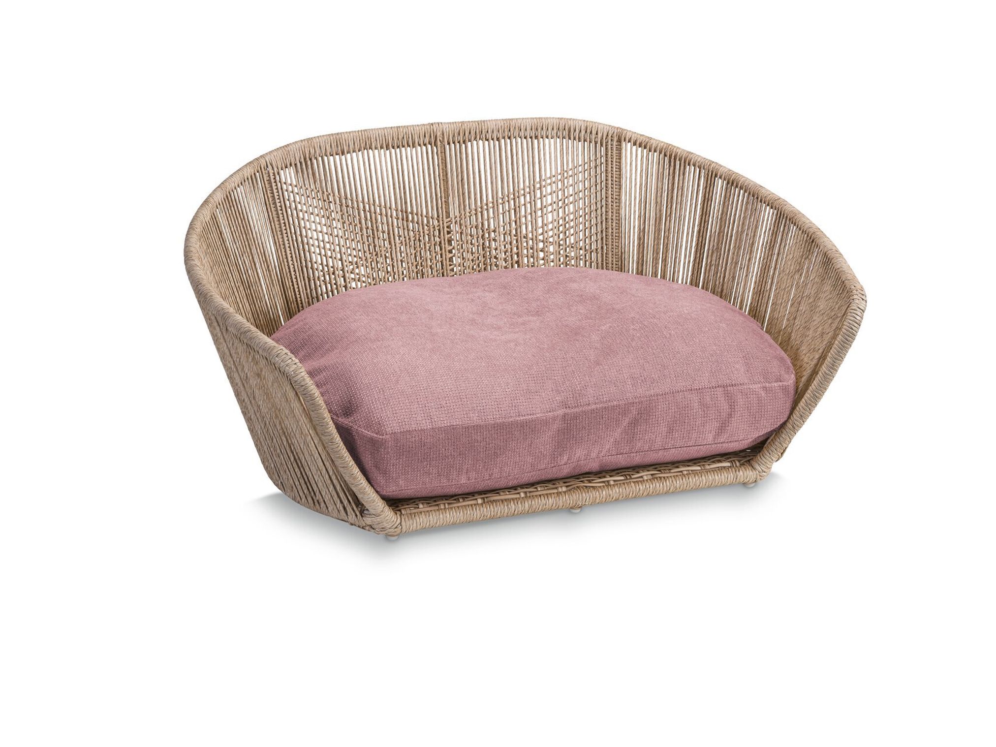 Rattan-Hundebett mit rosa Kissen, modernes Design, gemütlich, Haustiermöbel, Wohnzimmer.