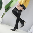Damen Overknee-Stiefel mit Strass, elegantes Design, hoher Absatz, ideal für modische Outfits. Perfekt für Herbst- und Wintertrends.