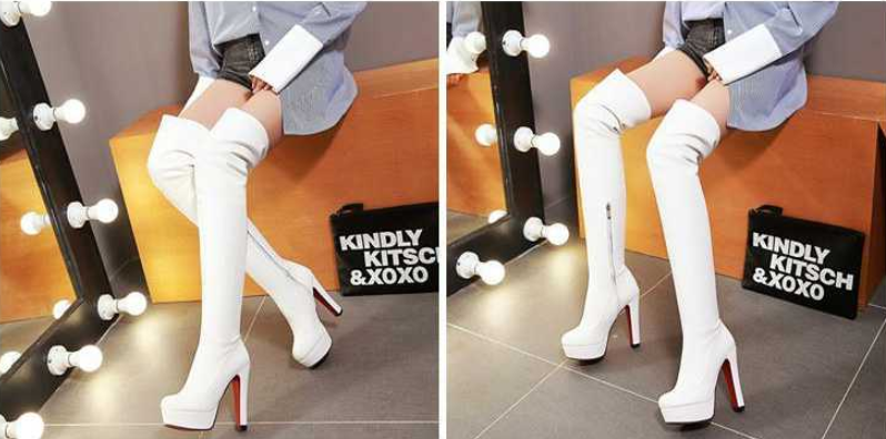 Damenmode: Weiße Overknee-Stiefel mit hohem Absatz, stilvoll und modern. Perfekt für trendige Outfits und elegante Anlässe.