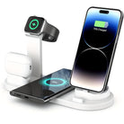 Kabellose Ladestation für iPhone, AirPods und Apple Watch, weiß, multifunktional, modern.