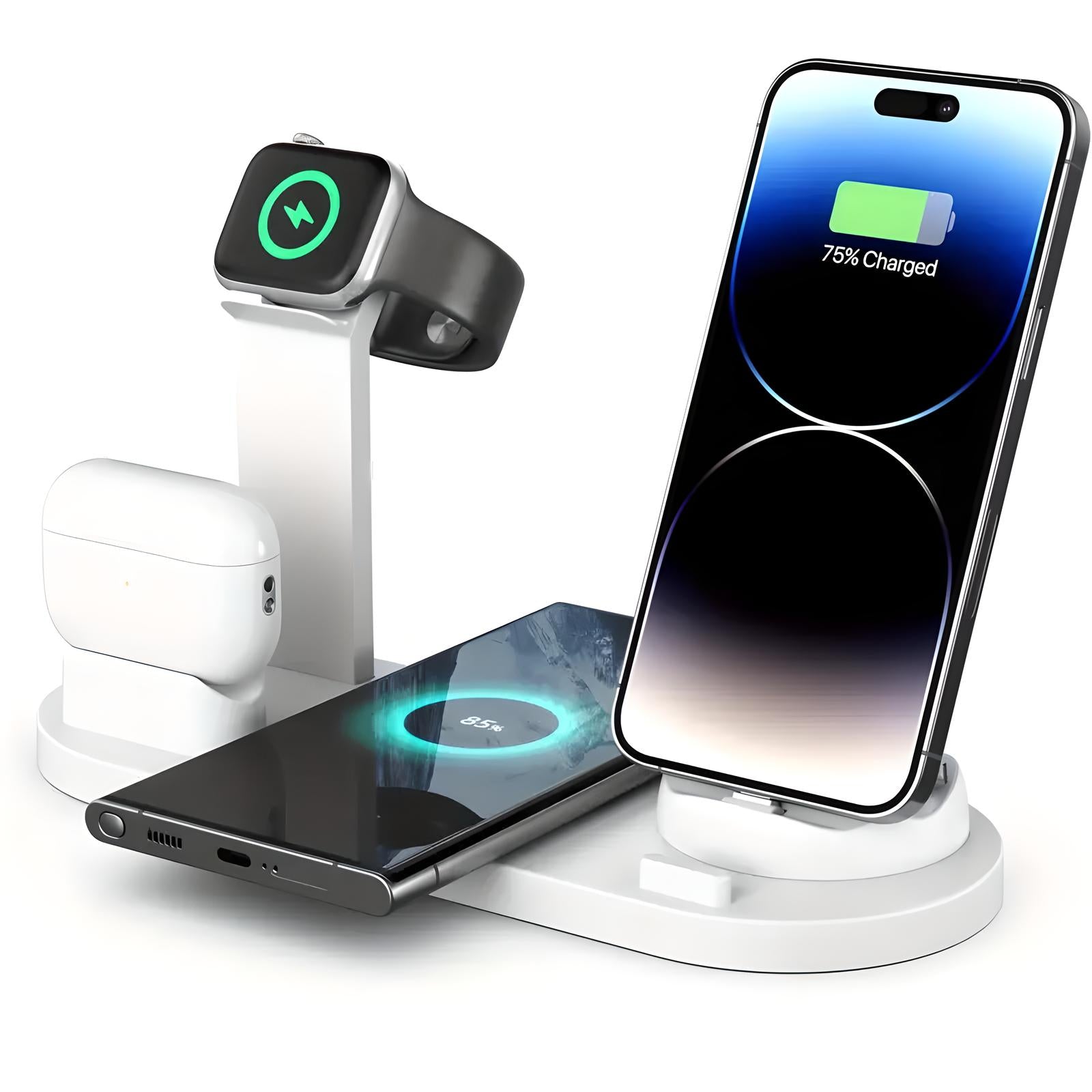 Kabellose Ladestation für iPhone, AirPods und Apple Watch, weiß, multifunktional, modern.