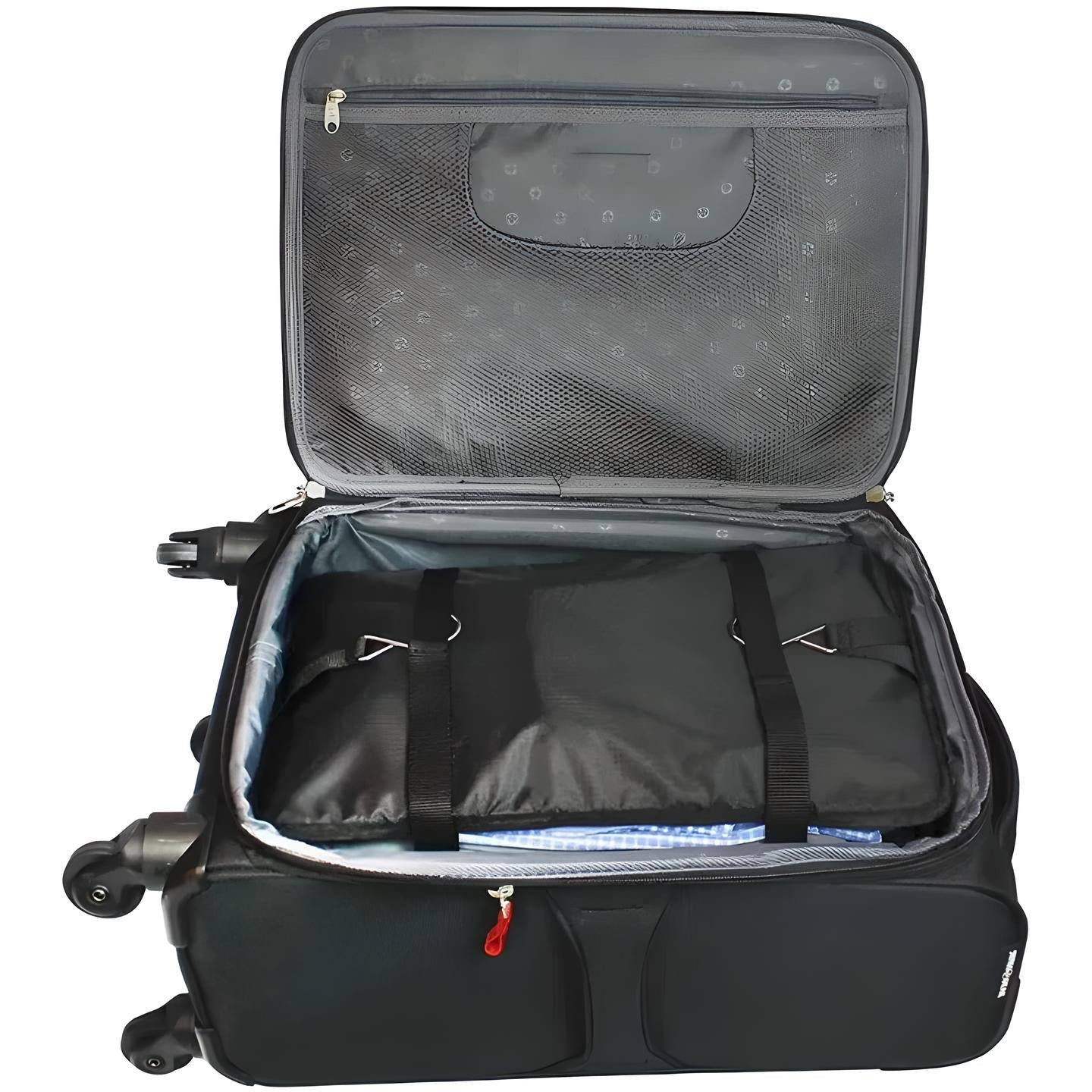 Schwarzer Hartschalenkoffer mit geöffnetem Deckel, Innenfächer und Spanngurte, Reisekoffer.