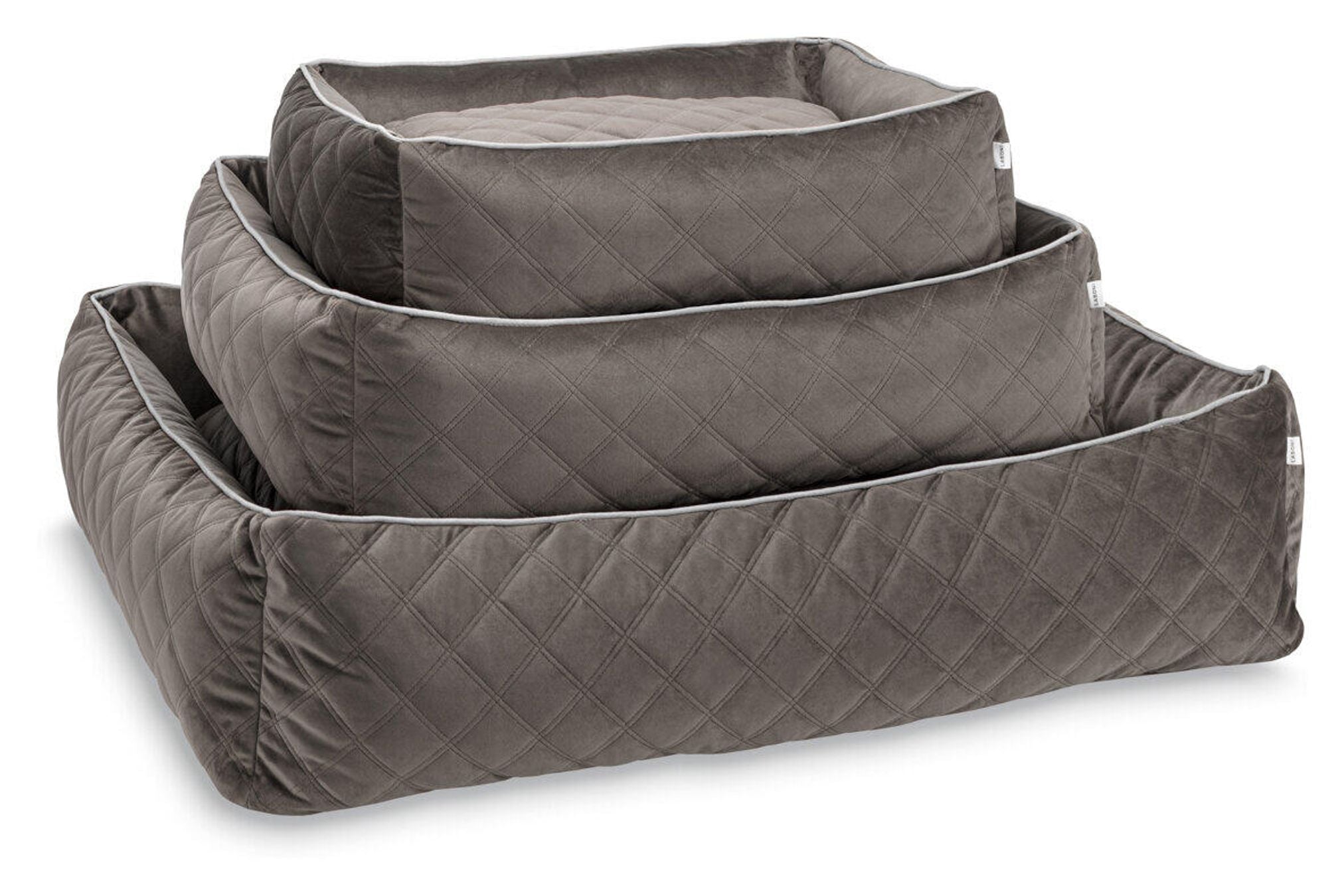 Graues Hundebett-Set, gesteppt, drei Größen, weiches Material, Haustierbett, komfortabel.
