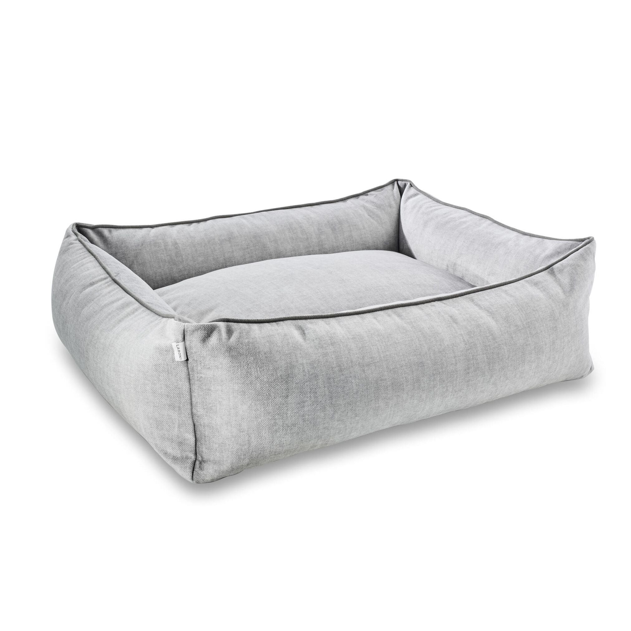 Graues Hundebett aus Stoff, rechteckig, gemütlich, ideal für Haustiere, modernes Design.
