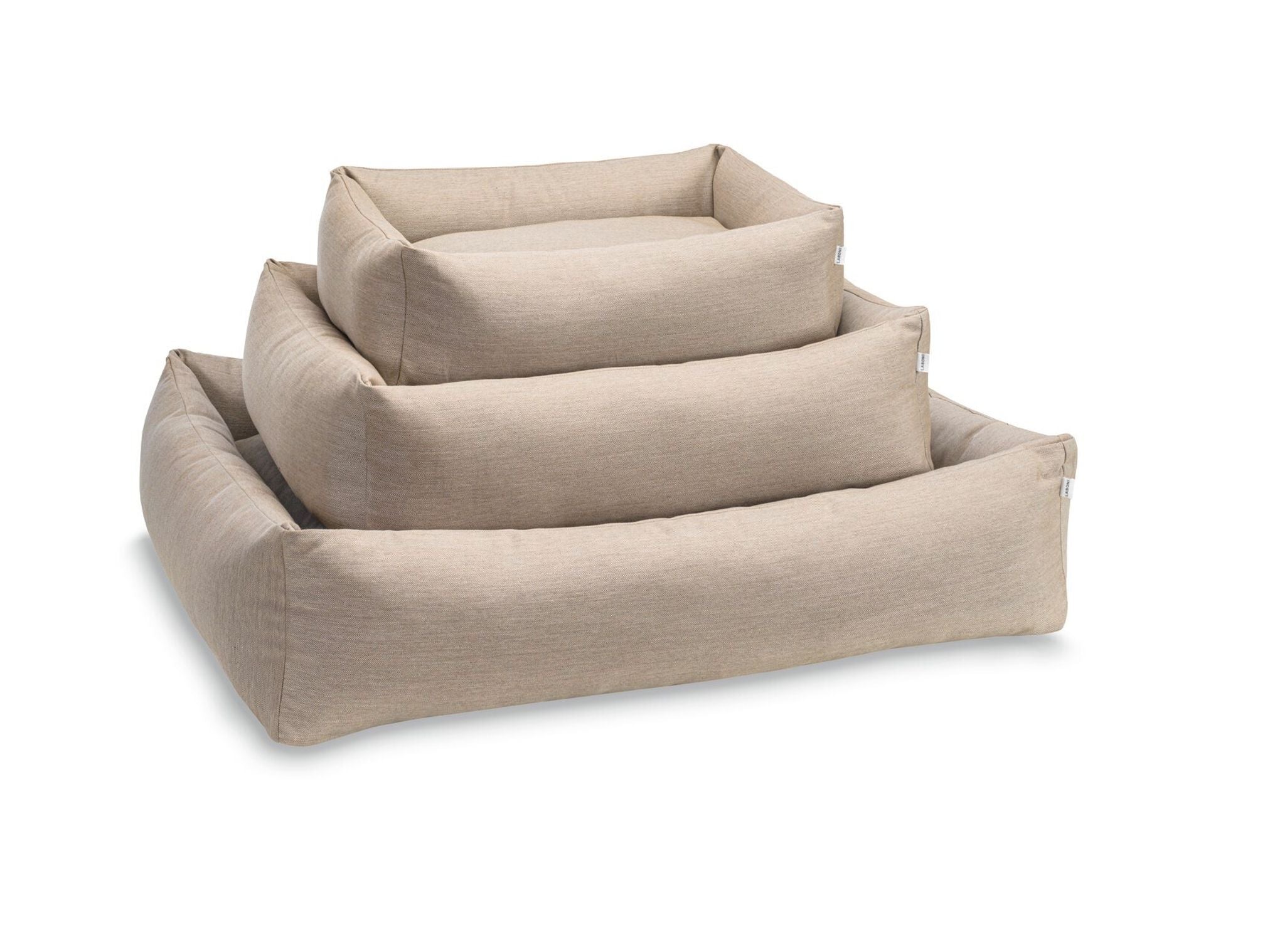 Beige Hundebett-Set aus Stoff, rechteckig, stapelbar, in drei Größen, bequem und langlebig.