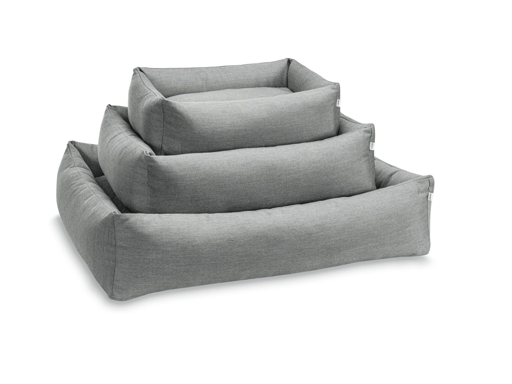 Graues Hundebett-Set aus Stoff, rechteckig, stapelbar, in drei Größen, für Haustiere.
