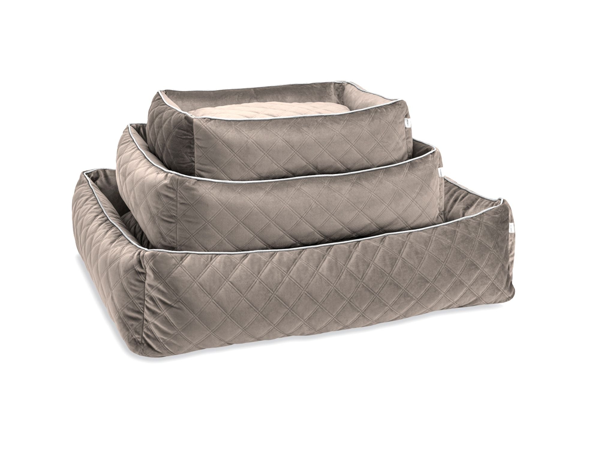 Graues Hundebett-Set, gesteppt, drei Größen, weiches Material, ideal für Haustiere.