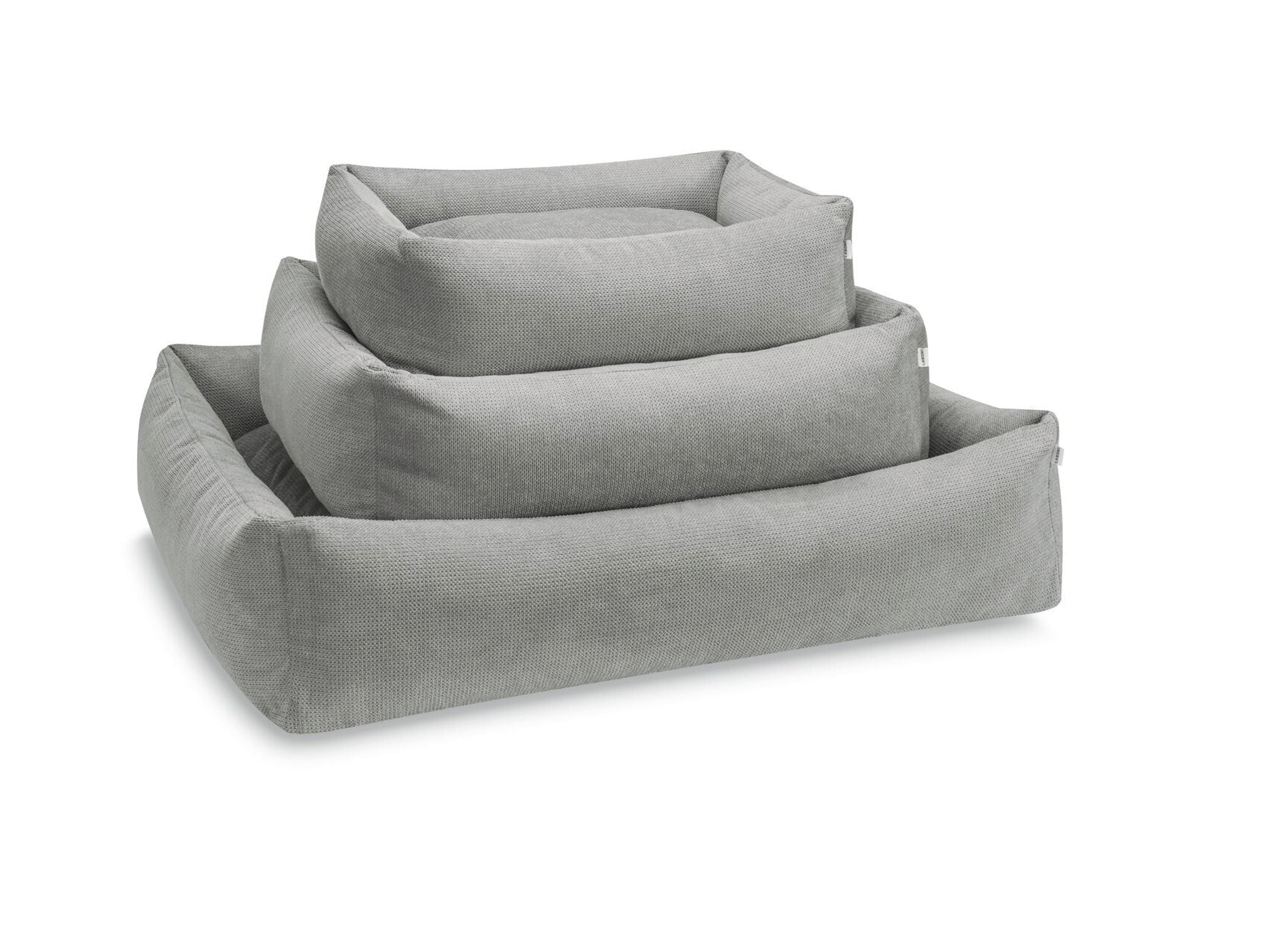Graues Hundebett-Set, rechteckig, stapelbar, weicher Stoff, ideal für Haustiere, verschiedene Größen.