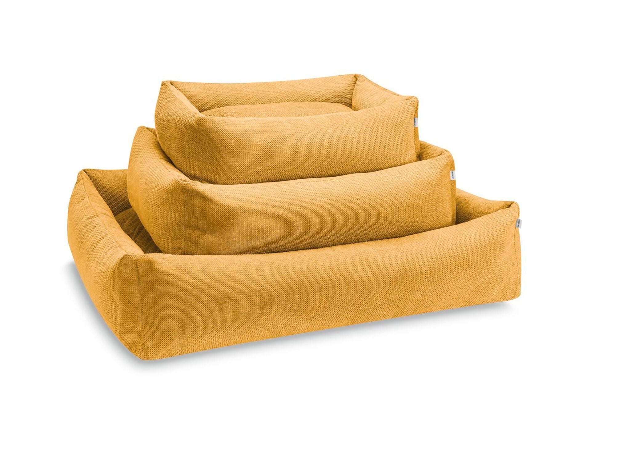 Gelbes Hundebett-Set aus Stoff, rechteckig, stapelbar, in drei Größen, bequem und langlebig.