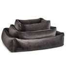 Dunkelgraues Hundebett aus Samt, rechteckig, stapelbar, luxuriös, bequem, für Haustiere.