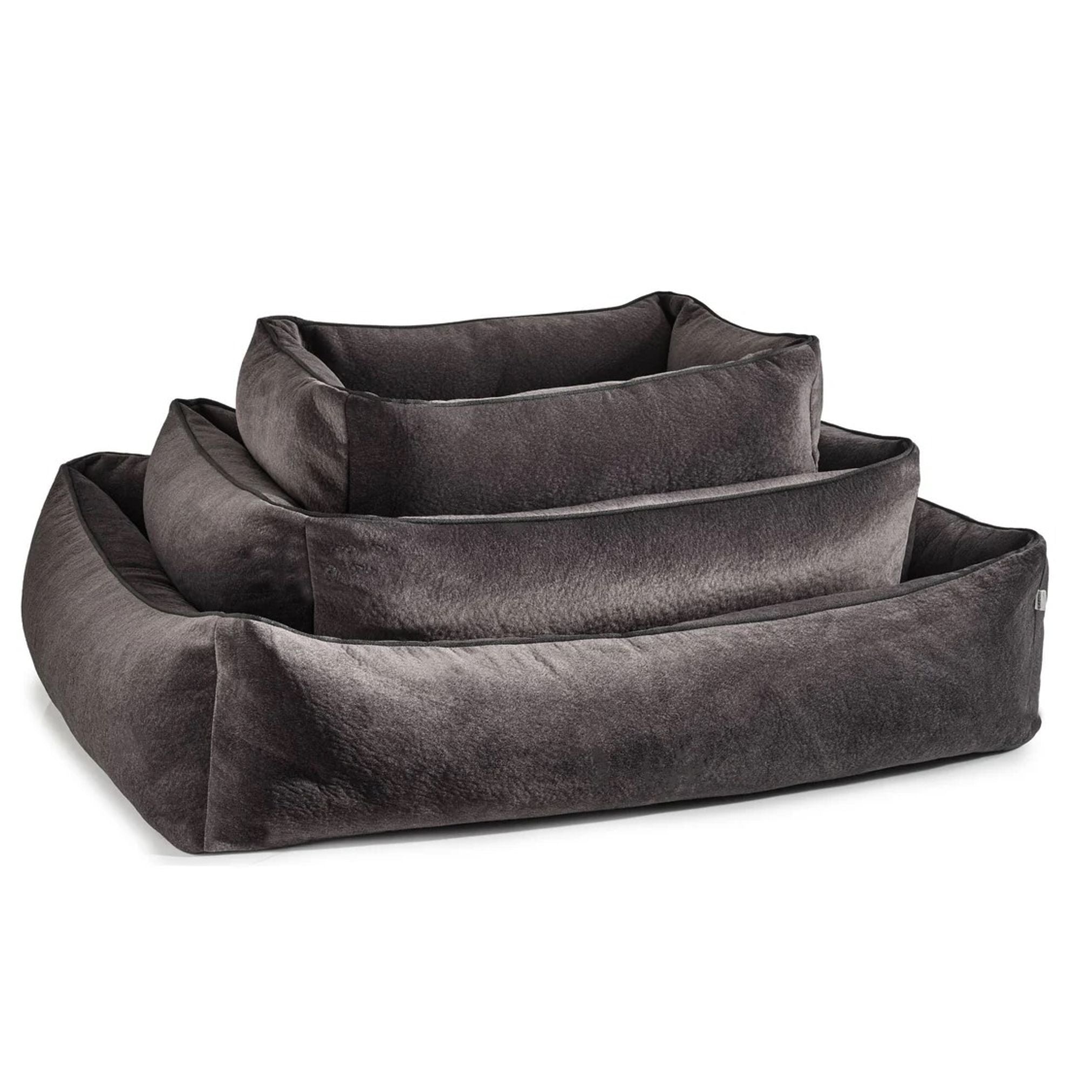 Dunkelgraues Hundebett aus Samt, rechteckig, stapelbar, luxuriös, bequem, für Haustiere.