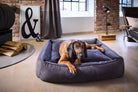 Hund auf grauem Hundebett in modernem Wohnzimmer, Backsteinwand, stilvolle Einrichtung.