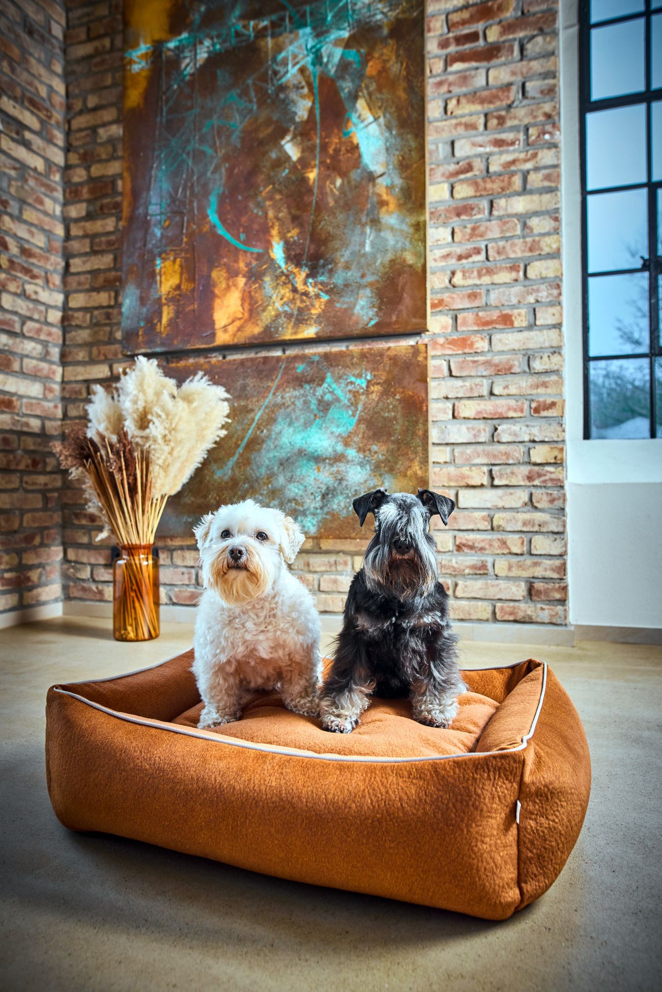 Zwei Hunde auf braunem Hundebett vor Ziegelwand, modernes Interieur, Kunstwerk im Hintergrund.
