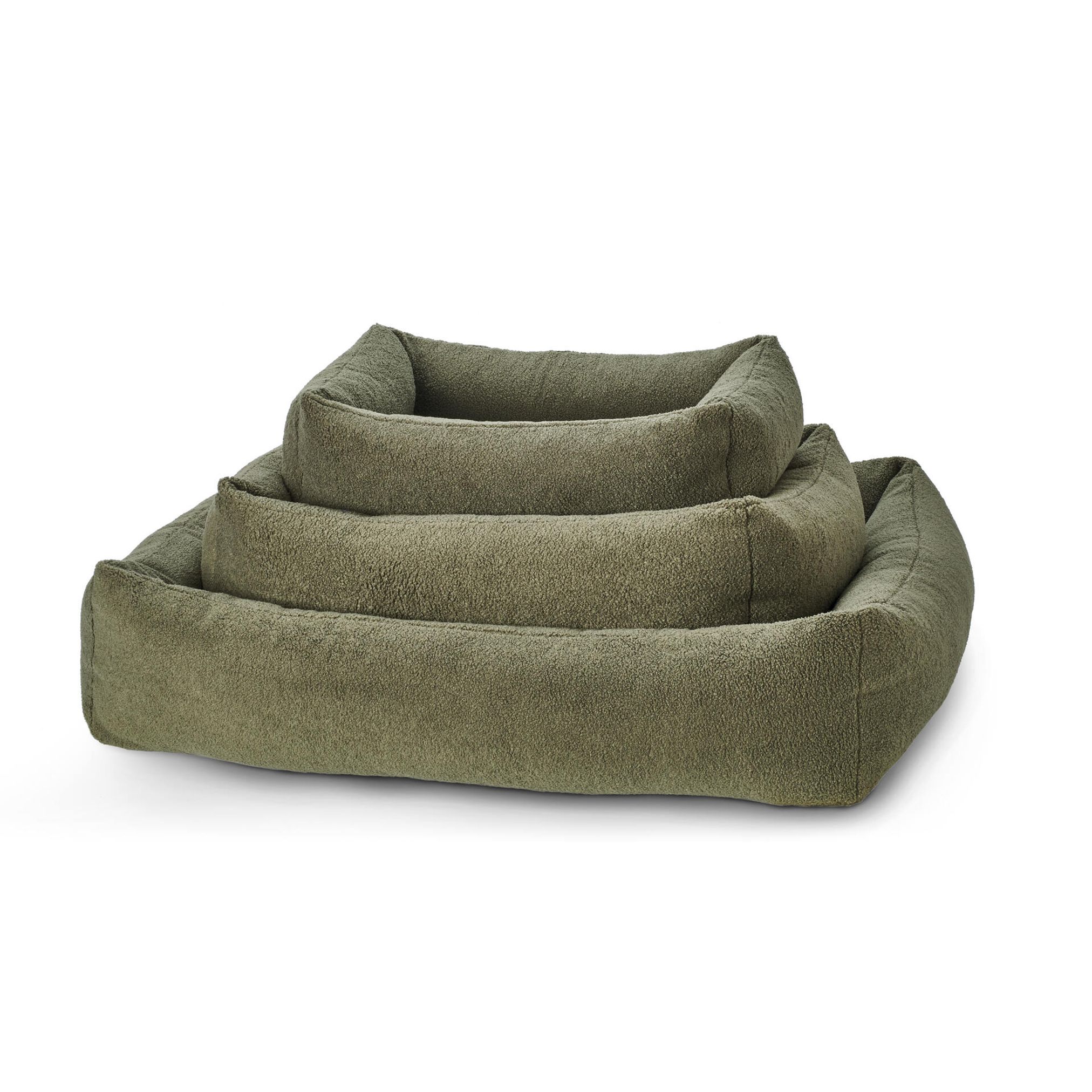 Grünes Hundebett aus Plüsch, rechteckig, stapelbar, bequem, für Haustiere, waschbar.