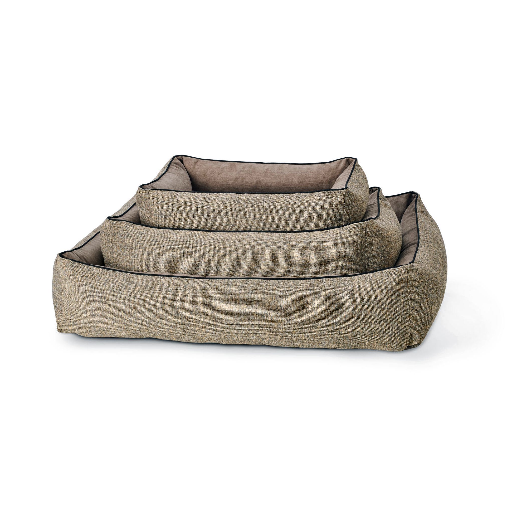 Dreiteiliges, graues Hundebett-Set aus Stoff, stapelbar, bequem, für Haustiere.