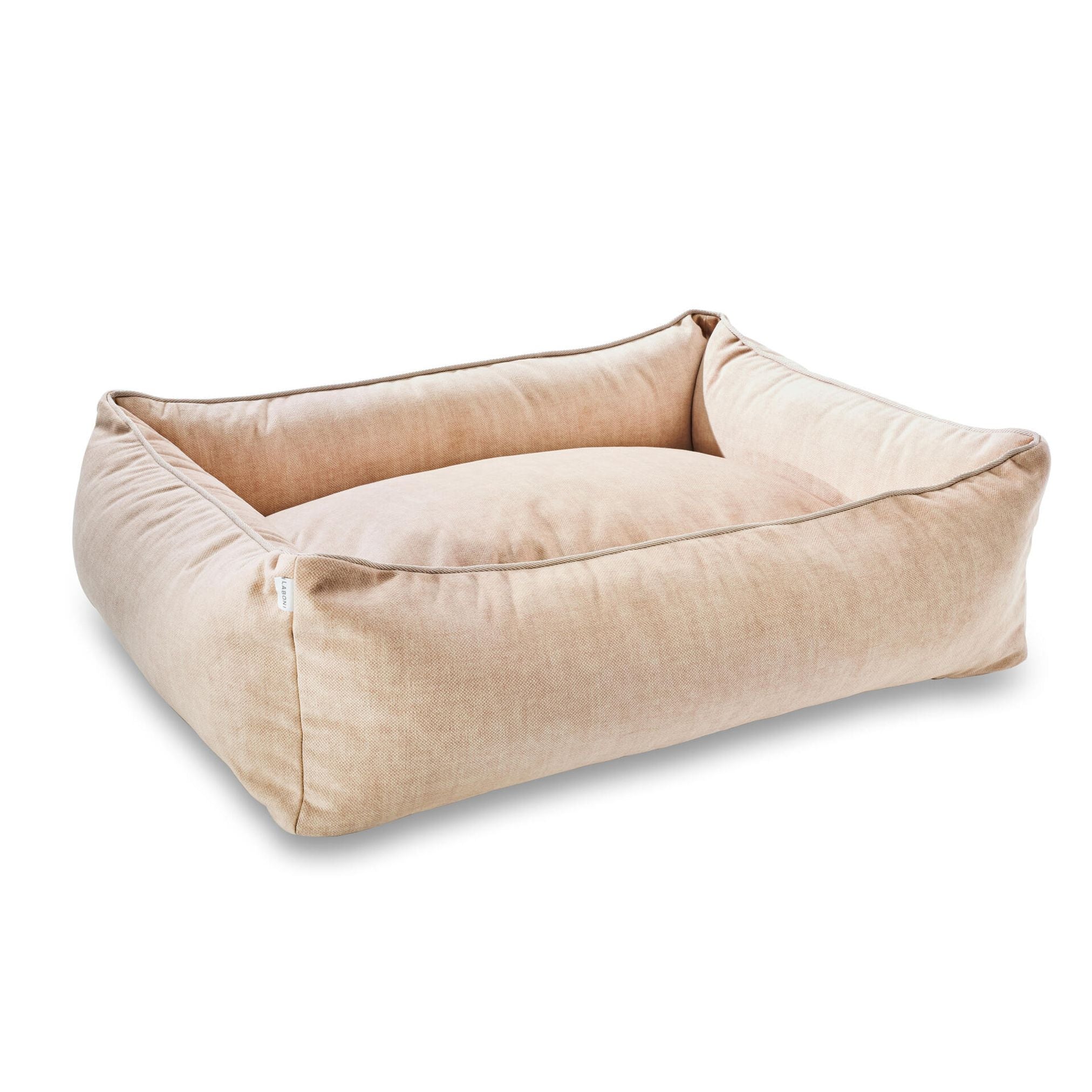 Beiges Hundebett aus Stoff, rechteckig, gemütlich, für Haustiere, waschbar, langlebig.