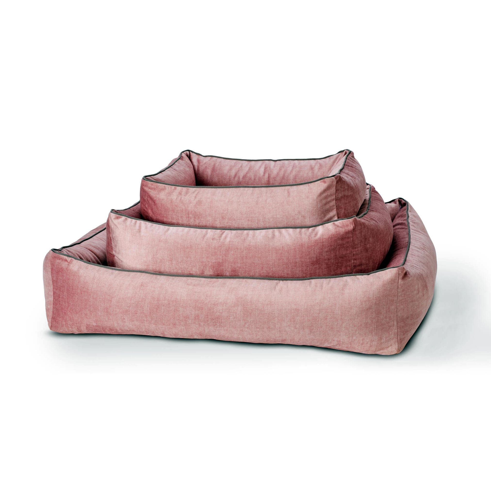 Rosa Hundebett aus Stoff, rechteckig, in drei Größen, bequemes Haustierbett, modernes Design.